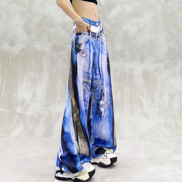 炫酷彩色数码印花休闲牛仔裤女夏新款高腰宽松显瘦百搭直筒阔腿裤