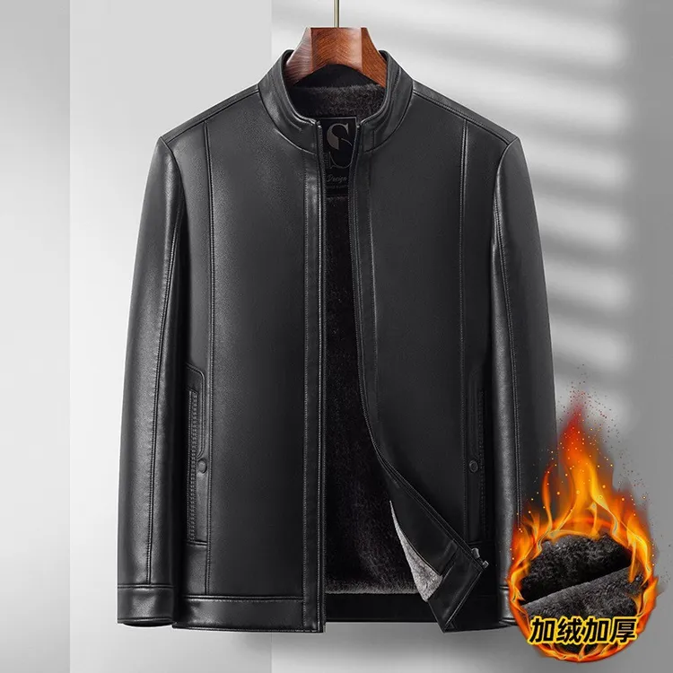 加大码2025男士加绒加厚立领皮衣秋冬新款男装中老年商务休闲外套