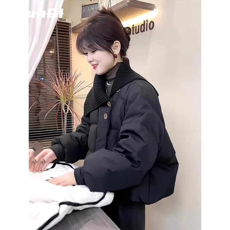 淳启大翻领黑色短羽绒服妇女冬季加码胖毫米休闲时尚棉外衣棉夹克