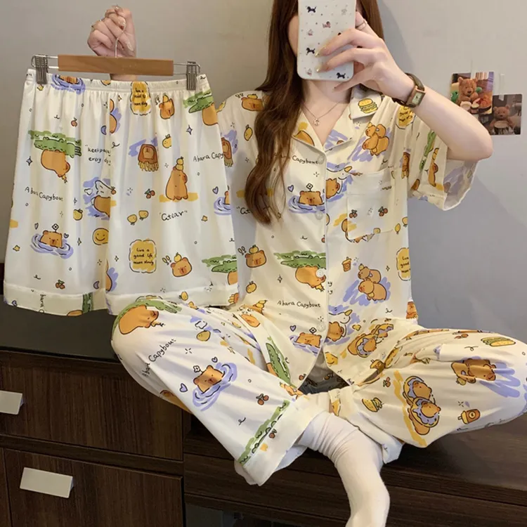 佛系卡通印花夏季睡衣少女短袖开衫薄款可爱风家居服三件套装