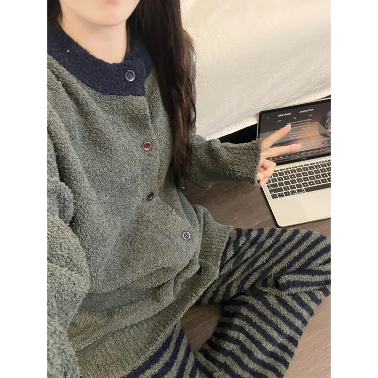 韩版简约拼接条纹针织半边绒睡衣女秋冬加厚保暖家居服套装可外穿
