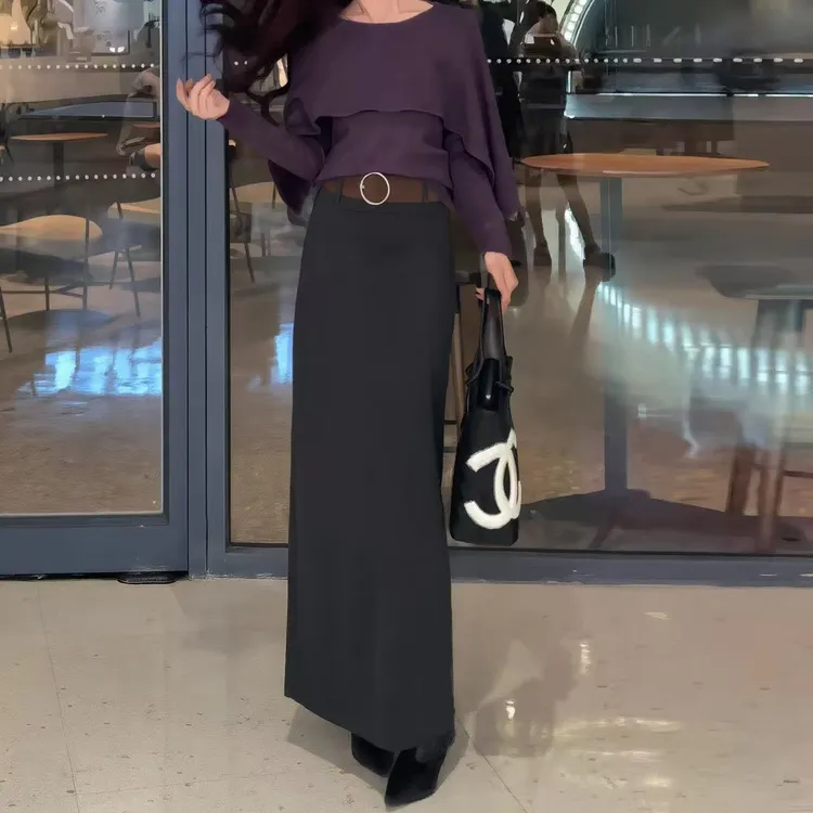 【毛呢加厚】秋冬款直筒设计百搭后开叉高腰显瘦半身裙【送腰带】808