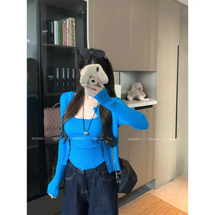 韩系纯欲辣妹针织吊带开衫两件套女蓝色百搭修身长袖显瘦小上衣