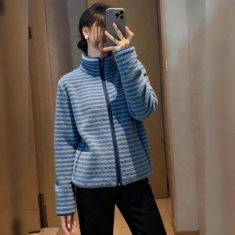 气质蓝色摇粒绒外套保暖半高领设计拉链款长袖女装2025年冬季新款