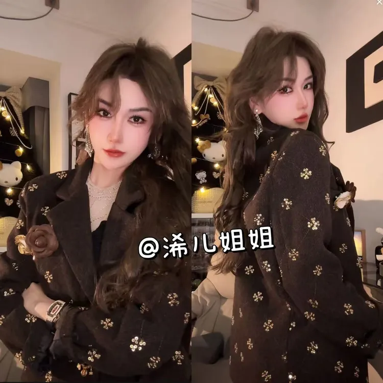 （浠儿家）高级感重工珠片毛呢西装外套女秋冬新款钉珠亮片呢子上衣