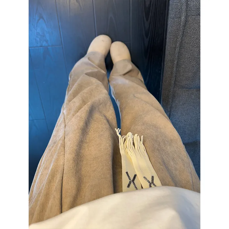 灰色暗纹褶皱休闲裤子男秋季美式复古慵懒风卫裤垂感直筒微喇裤子