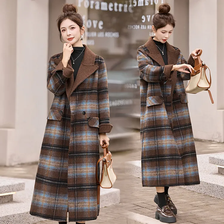 高级感复古格纹双面羊毛外套女2025秋冬新款韩版长款过膝呢子大衣