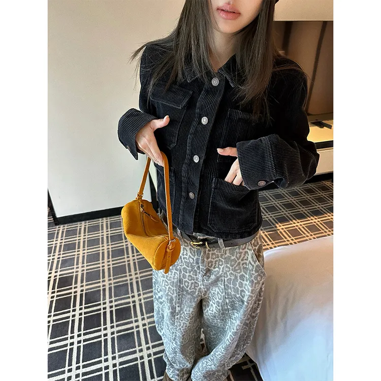 复古重工灯芯绒短款外套女2025早秋新款设计感多口袋工装夹克上衣