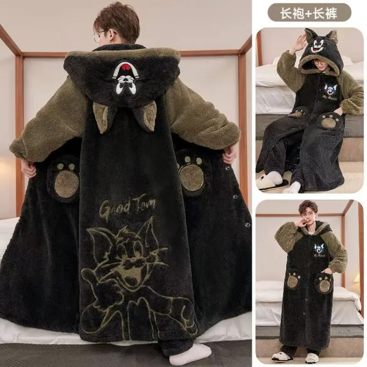 男士睡袍卡通连帽加绒加厚珊瑚绒青年加肥大码宽松家居服保暖套装