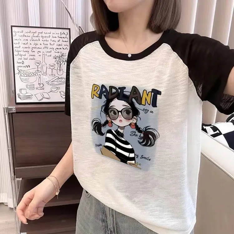 夏季爆款竹节棉清凉透气宽松显瘦圆领时尚撞色短袖T恤女上衣