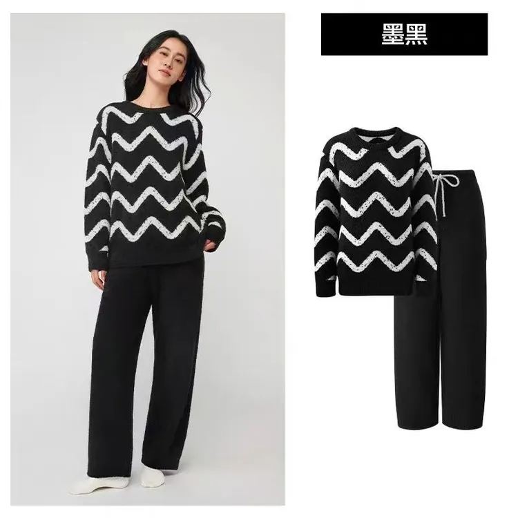 新款秋冬季半边绒条纹圆领简约宽松睡衣红色休闲家居服套装