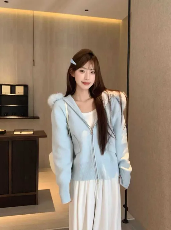 baby蓝色毛领针织开衫毛衣外套女2025秋冬新韩系宽松慵懒风上衣潮