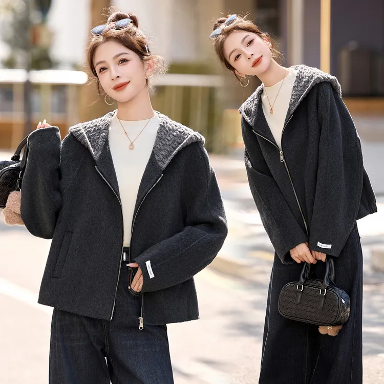 针织连帽拼接双面羊毛大衣女2025秋冬新款小个子百搭短款毛呢外套
