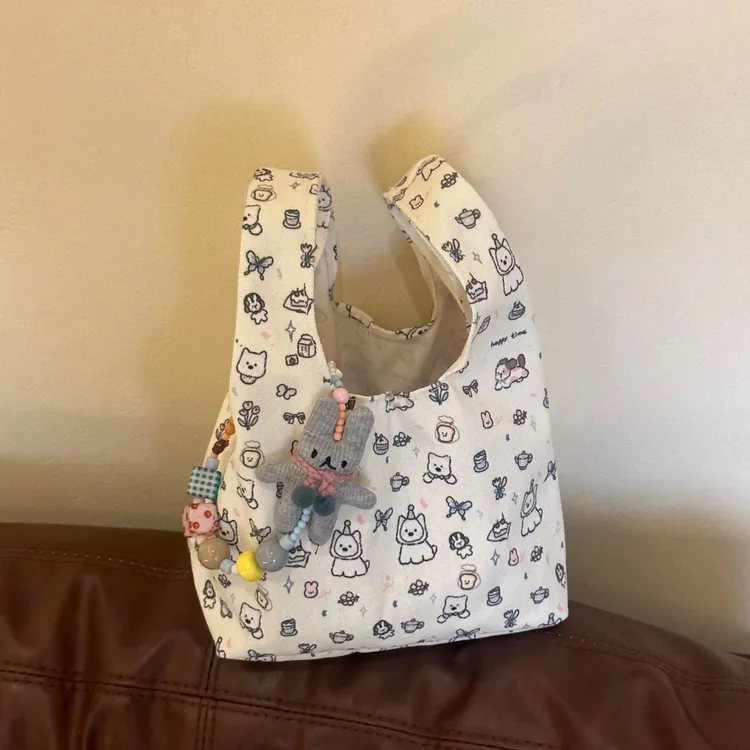 卡通小狗印花手提包便携百搭帆布包便当包大容量上班包包女款通勤