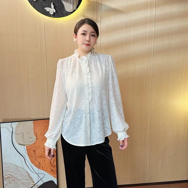 【花满林】层次高级感木耳边气质柔软亲肤百搭大码女装上衣Y4