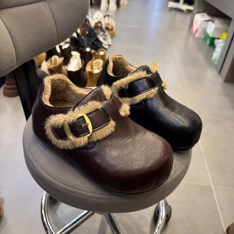 2025冬季新款皮带扣棉鞋粘扣圆头女加绒加厚保暖防滑底百搭勃肯鞋
