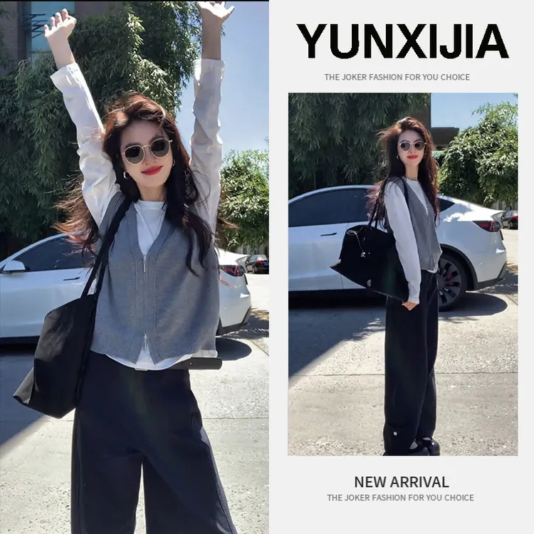 2025秋季新款时尚慵懒风百搭宽松休闲气质上衣马甲裤子三件套