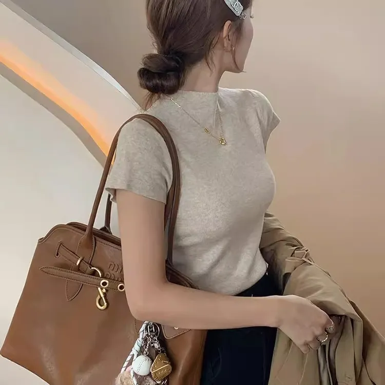 短袖半高领针织打底衫女装2025年春季新款小香风毛衣内搭修身上衣