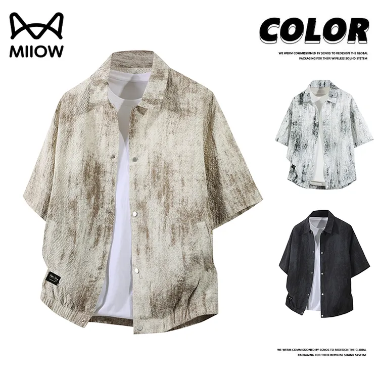 猫人美式复古扎染短袖衬衫男夏季新款潮牌设计感宽松痞帅衬衣外套