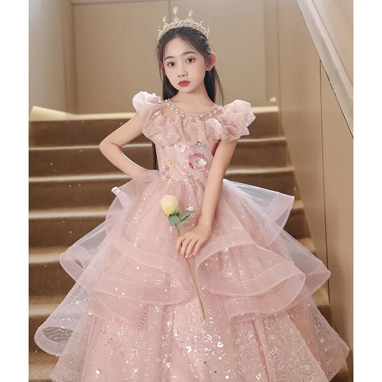 新款粉色女童晚礼服公主裙高端主持人小女孩生日花童钢琴演奏洋气
