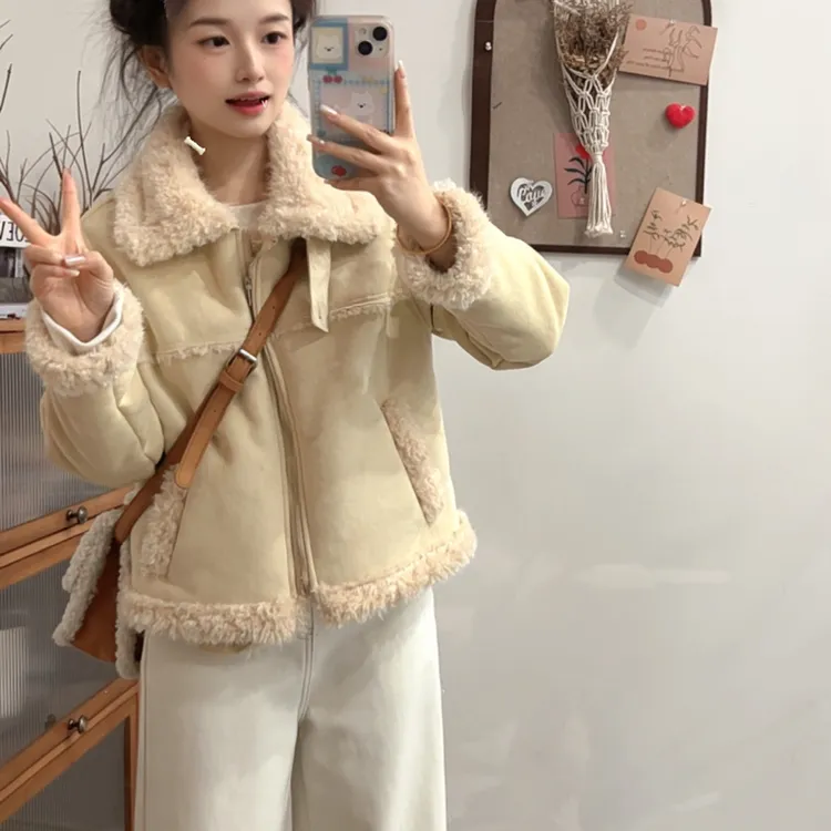 小个子定制秋冬拼接黄绿色毛毛短外套124