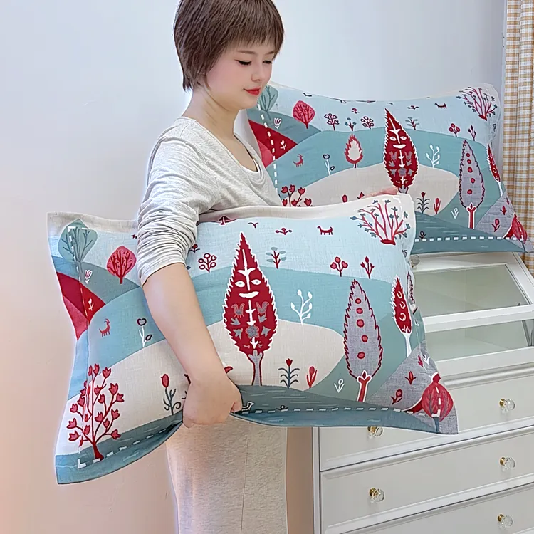 按扣式纯棉纱布枕套一对48x74/卡通个性时尚加厚全包成人枕头芯套