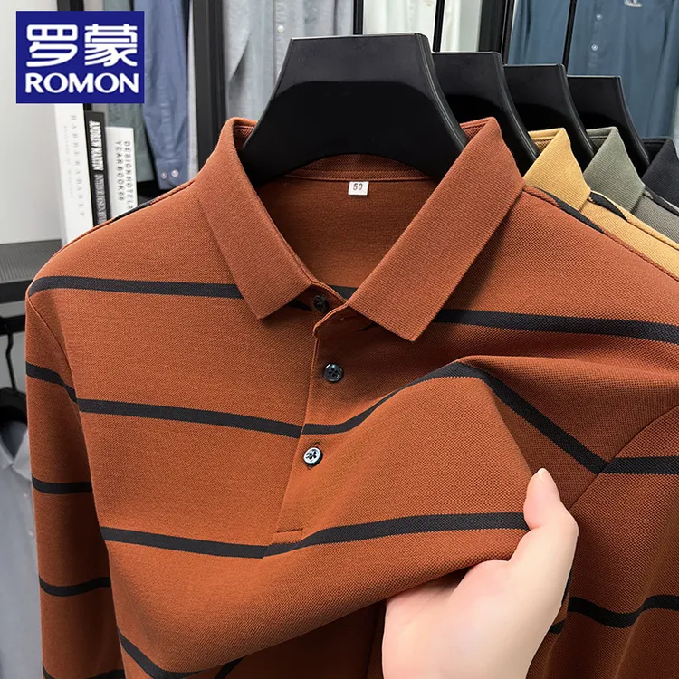 【纯棉】罗蒙商务休闲中年男士全棉长袖Polo衫春秋经典条纹百搭上衣