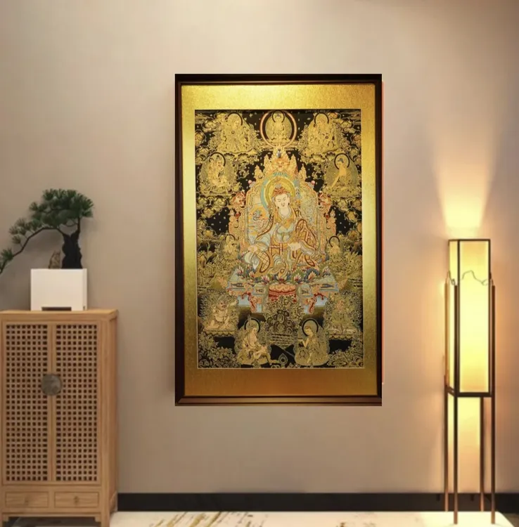 刺绣唐卡（莲花生大士）挂画实木装裱适办公室玄关茶室客厅装饰画