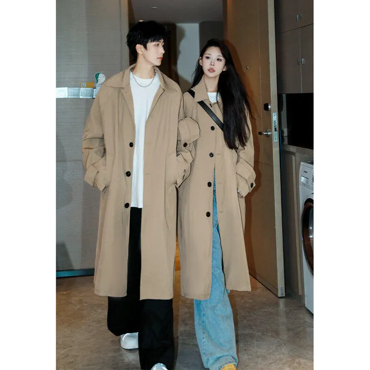 春季中长款风衣  男韩系情侣长款过膝外套女