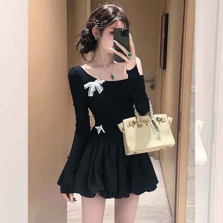 漂亮出片衣服内搭黑色斜肩公主短裙女装秋冬季高贵气质露肩连衣裙