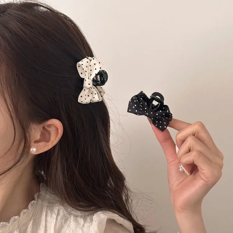 法式黑白波点蝴蝶结发夹女复古丸子头盘发抓夹气质半扎高马尾发卡
