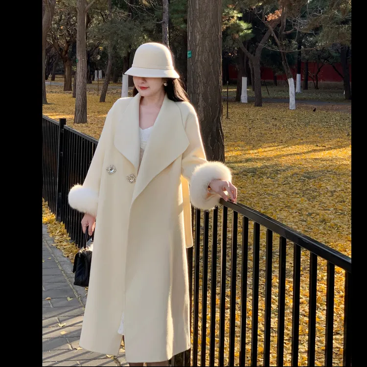 魅鹊 178【可拆卸毛袖】气质大翻领双面尼轻奢大衣外套