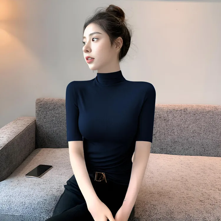半高领五分袖打底衫女春秋内搭薄款蓝色上衣洋气修身中领针织毛衣