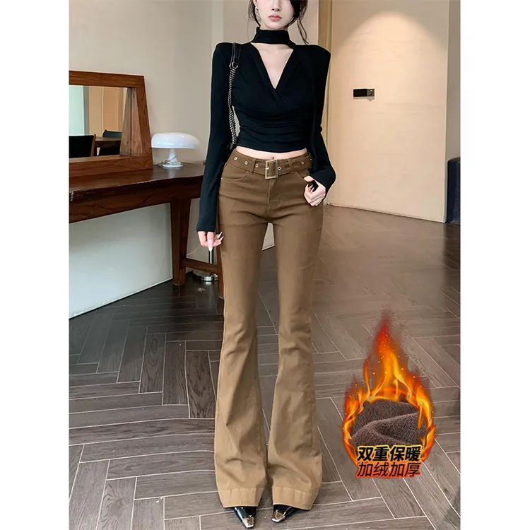 加绒加厚中腰微喇牛仔裤女2025年冬季新款咖色显瘦百搭喇叭长裤