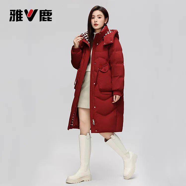 F雅鹿白鸭绒中长款羽绒服时尚连帽东西加厚宽松过膝休闲女士冬季A