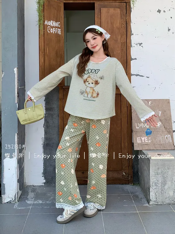 【简家精选】蝶曼尔2025秋冬睡衣女针织棉长袖长裤卡通大码家居服