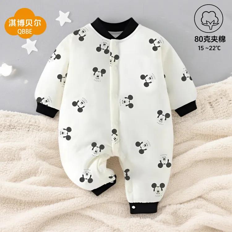 新生儿婴儿棉衣秋冬季纯棉80克连体衣夹棉加厚保暖外出服冬款棉服