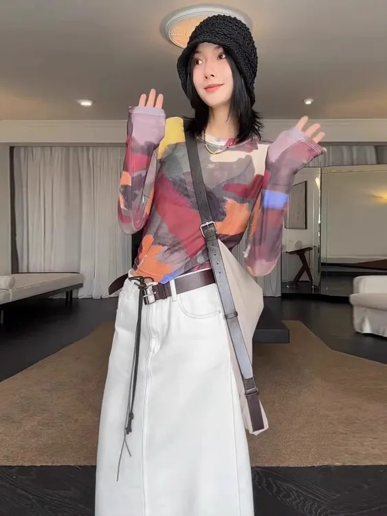 法式印花网纱长袖T恤女夏季薄款宽松显瘦百搭防晒罩衫高级感上衣