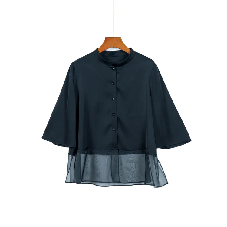 朱总原创新中式丝质素襟上衣女士2025拼接纱国风衬衣外套1Y003