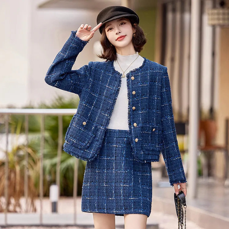 时尚休闲套装秋冬新款高级感小香风格子短外套半裙两件套裙 ZQ18