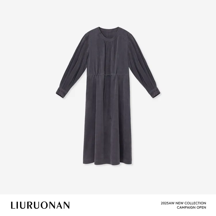 LIURUONAN 25FL【雾灰系带连衣裙】套头圆领长袖中长款女装连衣裙