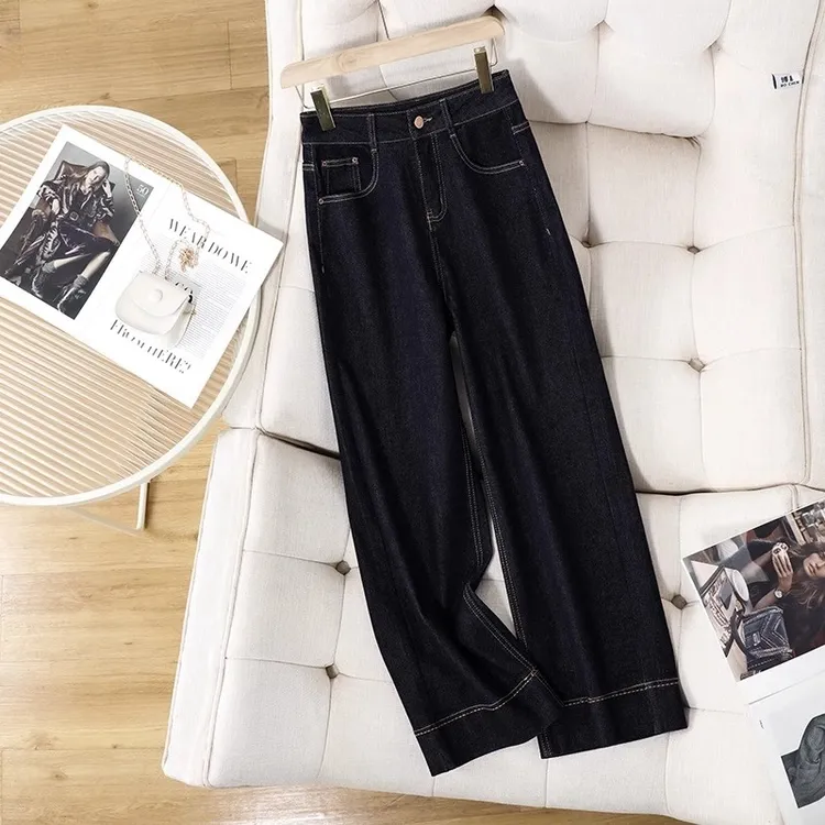 丹宁蓝阔腿牛仔裤女2025春秋季新款时尚舒适高腰显瘦窄版直筒裤子