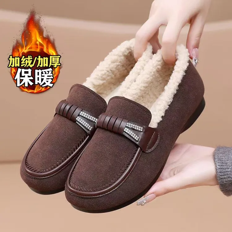 冬季老北京棉鞋女加绒保暖妈妈鞋中老年一脚蹬软底防滑平底棉鞋