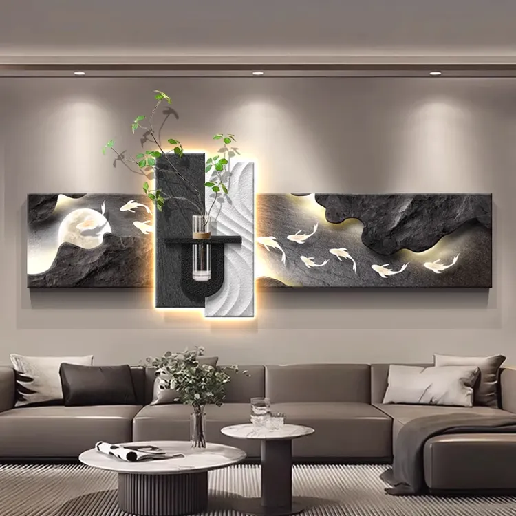 水培绿植客厅装饰画立体砂岩意式极简沙发背景墙挂画黑白灰壁灯画
