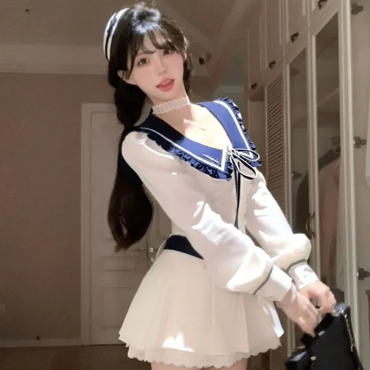 航海梦想家 学院风乖巧气质设计感连衣裙+设计感花苞短裤套装秋季