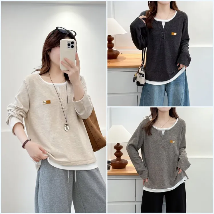 100-200斤大码女装胖mm秋冬款洋气假两件加绒贴标拼接打底衫2549