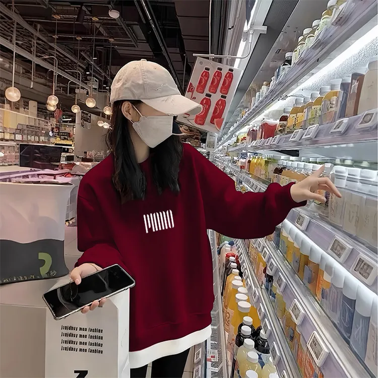 假两件2026新款酒红色圆领卫衣女休闲时尚减龄洋气上衣加绒加厚