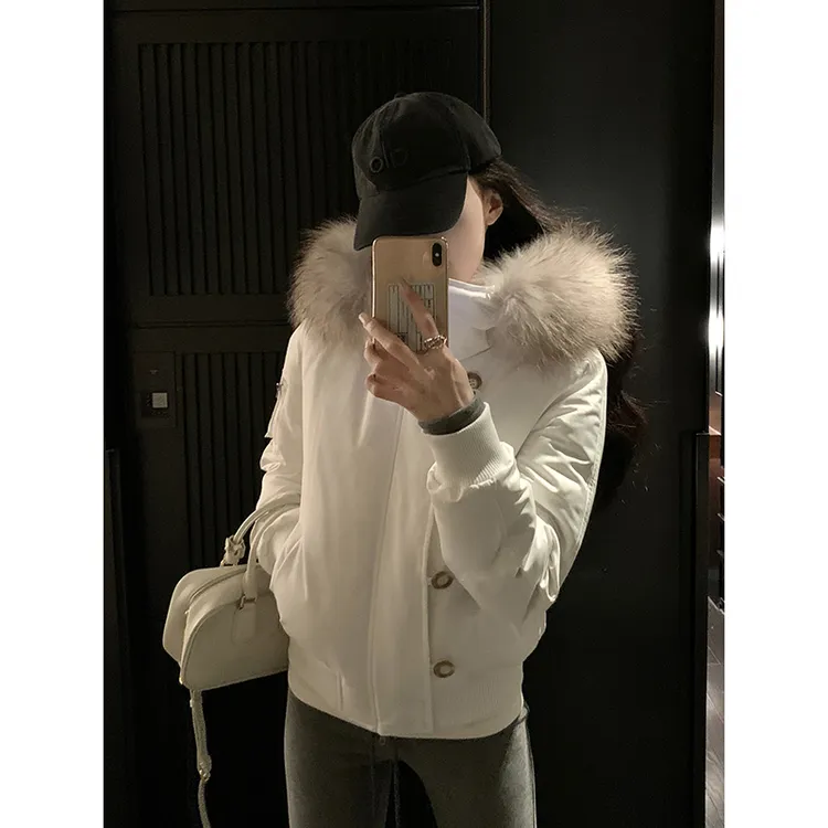白色可拆卸毛领连帽棉服2025新款冬季加厚保暖短款夹克外套上衣女