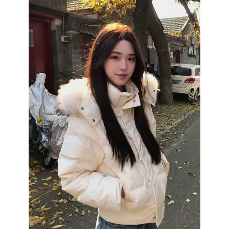 冬季新款白色短款毛领连帽棉服外套女加厚保暖韩系简约风棉袄上衣