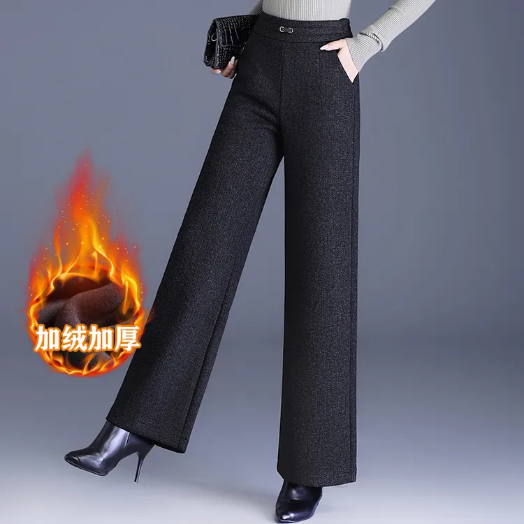 加绒加厚羊毛呢窄版阔腿裤女秋冬季爆款宽松直筒裤今年流行休闲裤